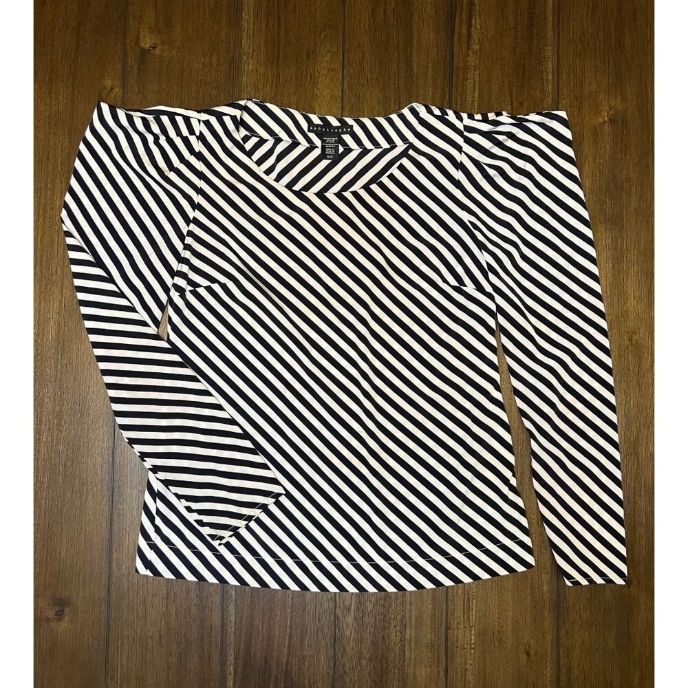 Apostrophe Small Womans Top Broad Shoulder White/Black Striped Long Sleeve Small